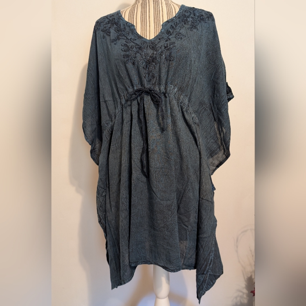 Pams Collection Boho Tunic Women's Free Size Embroidered Blue Drawstring Nwt